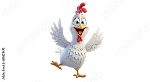 Cartoon chicken with white feathers, red comb and wattle, blue eyes, and open beak, appearing happy and spreading its wings.