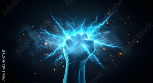 Electric Power Fist: Hand Emitting Bright Blue Lightning and Energy Sparks
