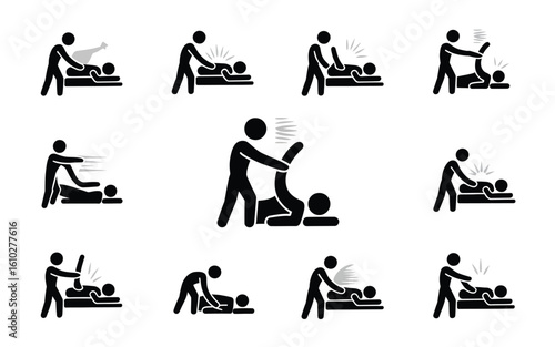 Chiropractic therapy session pictograms icon set