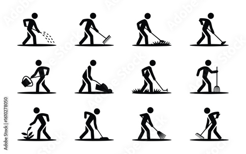 Gardening showing different landscaping activities icon set