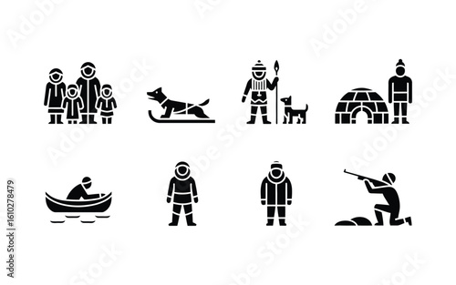 Inuit culture and life icon set