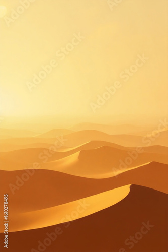 Golden desert dunes under a hazy warm sky