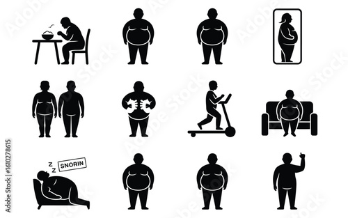 Obesity lifestyle and health issues icon set