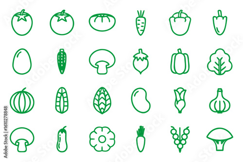 Collection of fresh produce outline graphics featuring staple foods and garden greens for healthy eating themes