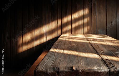 Wallpaper Mural Rustic wooden table with morning sunlight casting shadows on aged wood surface
 Torontodigital.ca