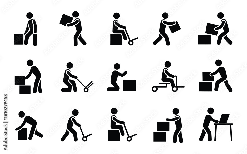 Fototapeta premium Silhouetted stick figures carrying and moving boxes icon set