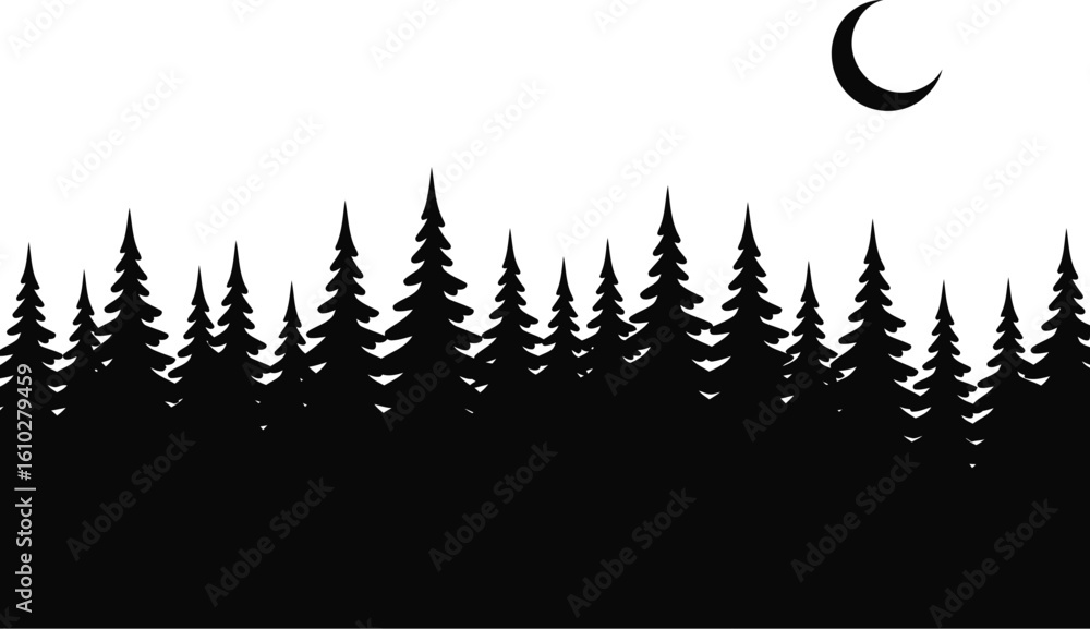 Obraz premium Black pine forest crescent moon night pine trees