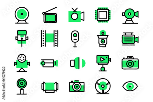 Collection of clean line art icons for video production and content creation featuring play record and editing symbols in a modern style