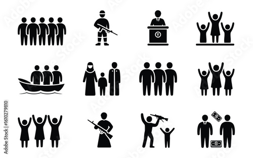 Depicting various social and political themes icon set