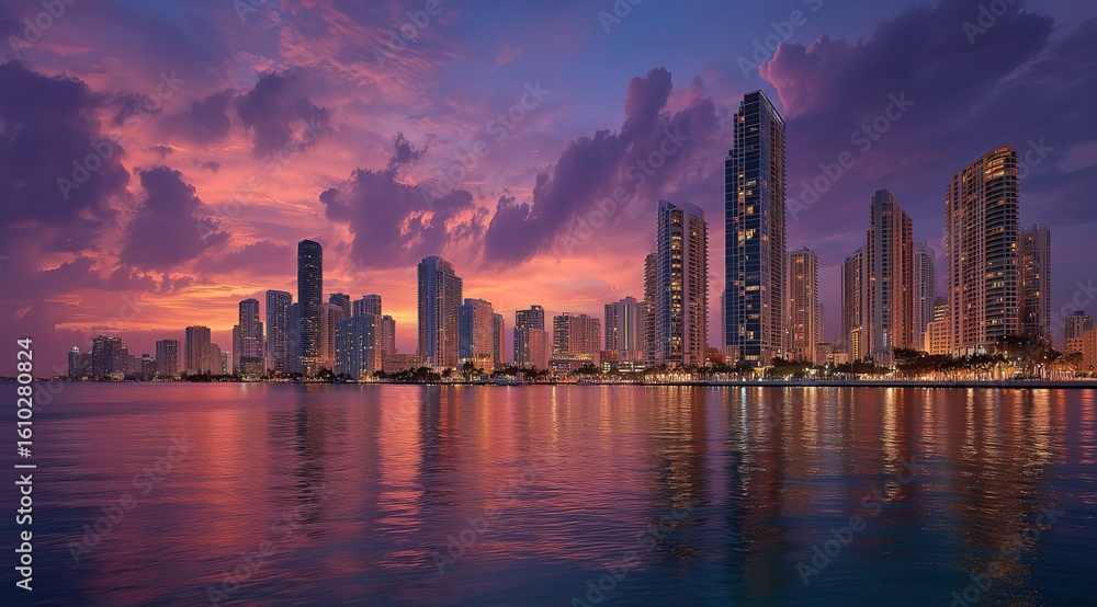 Fototapeta premium Miami Skyline at Dusk - Panoramic City View with Purple Clouds and Illuminated Buildings