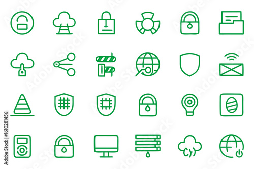 Clean and modern line art icon collection for virtual private network services featuring essential symbols for secure online connectivity and digital privacy protection