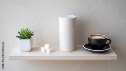 Wallpaper Mural Serene still life featuring coffee, plant, sugar, and cylindrical object Torontodigital.ca