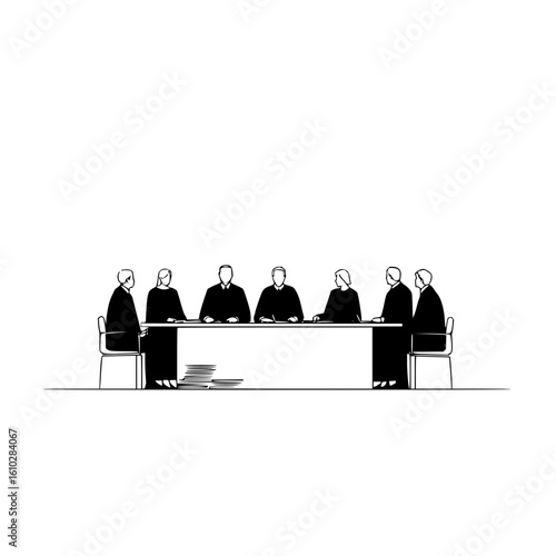 Illustration of a courtroom scene showing seven figures seated behind a table in black and white style