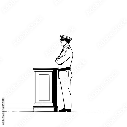 A guard in uniform stands with arms crossed next to a podium with a white background in black and white
