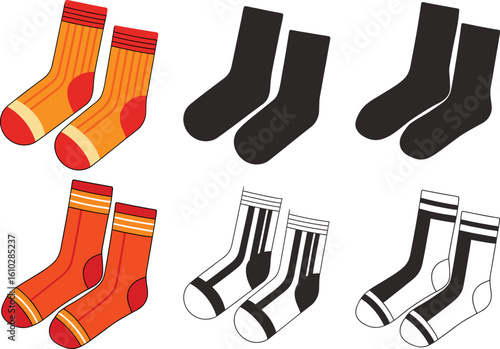 Collection of illustrated socks in various colors and patterns providing cozy and stylish foot coverings for warmth and fashion