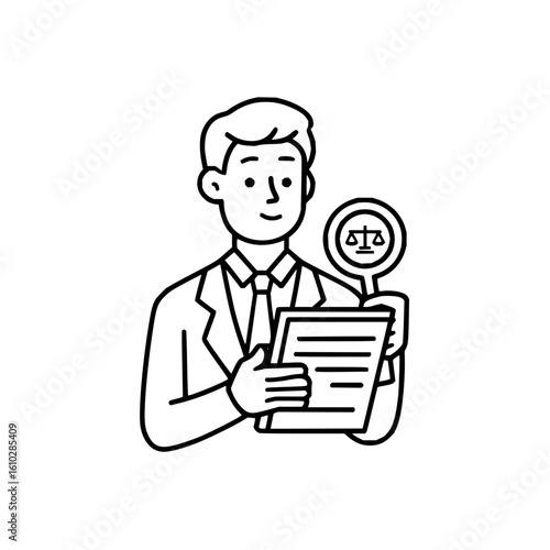Illustration of a lawyer holding a document and a magnifying glass with scales of justice inside it