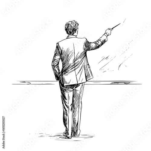 Illustration of a man in a suit standing with his back turned pointing at a board with a stick pointer