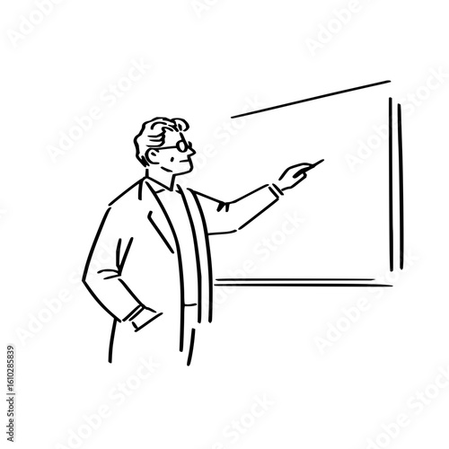 Line drawing of a man with glasses and a coat pointing at a whiteboard with a marker in his hand and teaching