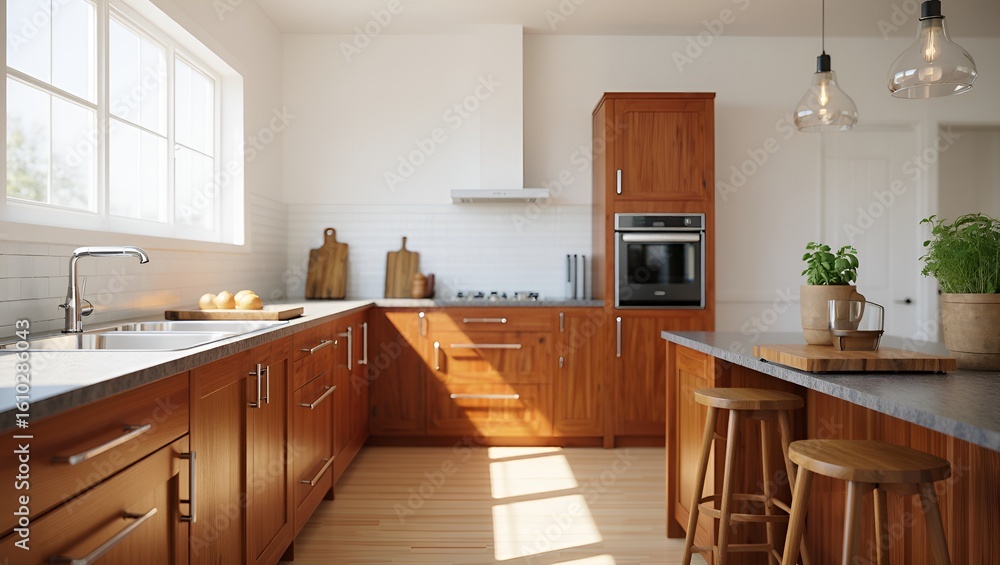 Fototapeta premium Sunlit kitchen showcases warm wood cabinets, bright white walls, and a clean, modern design.