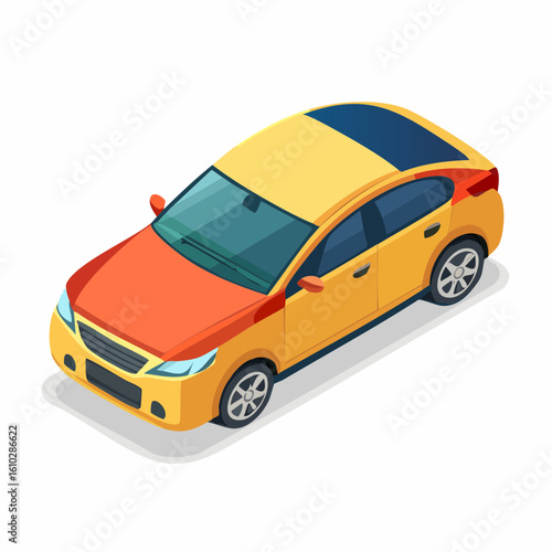 Isometric vector illustration of a two-tone car with orange hood and yellow body