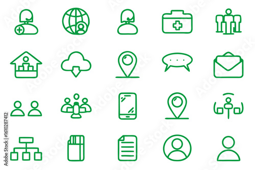 A curated collection of modern line art icons representing various aspects of remote work and home office life perfect for digital projects