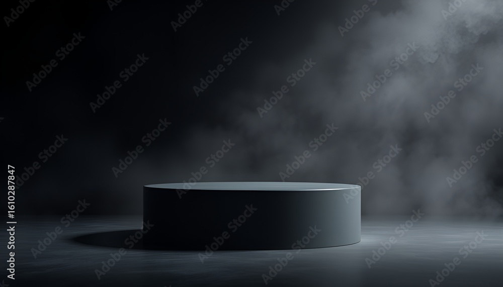 Obraz premium A minimalist gray cylindrical podium stands spotlighted amidst a swirling, misty, foggy atmosphere.