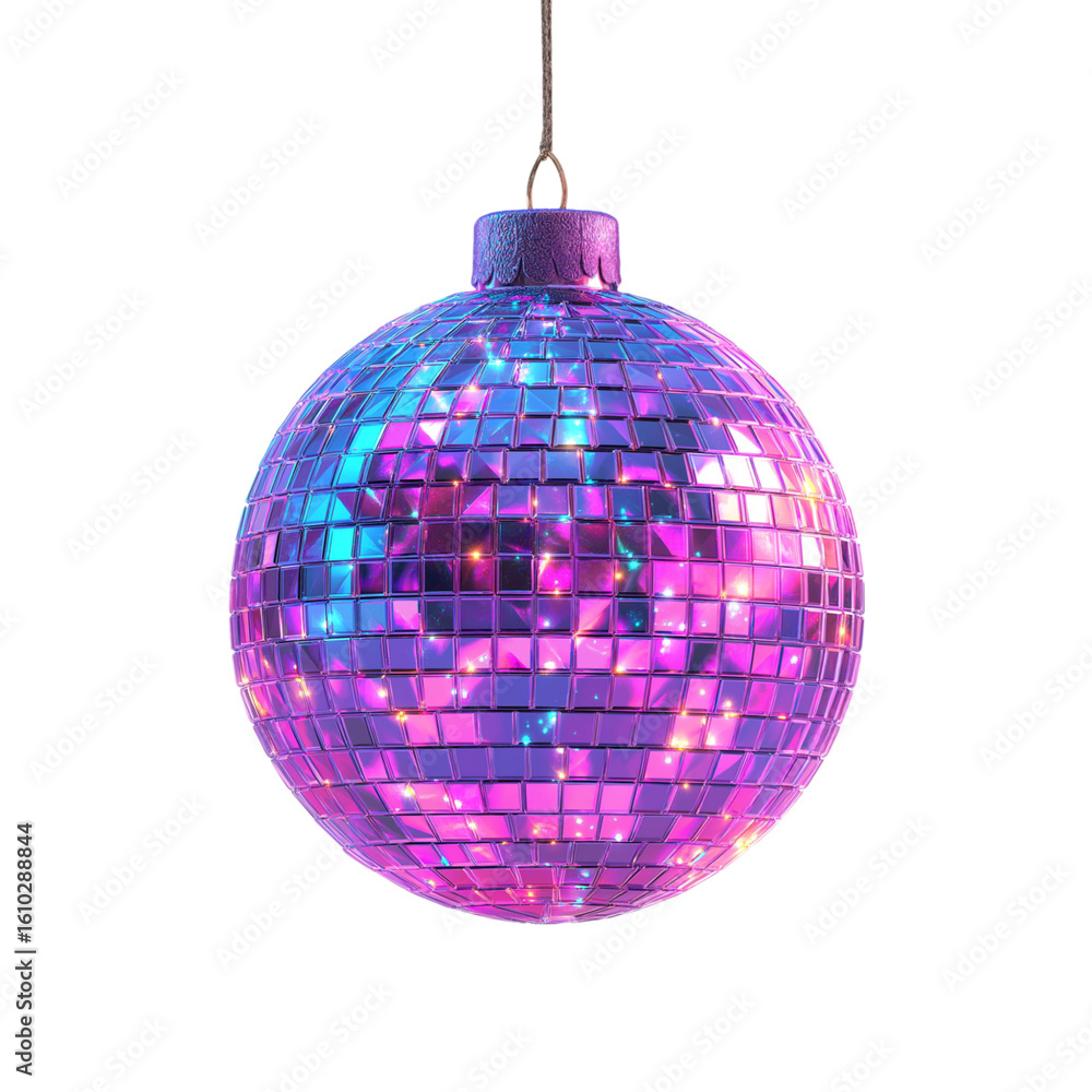 Obraz premium Glittering disco ball with purple and blue lights isolated on transparent background