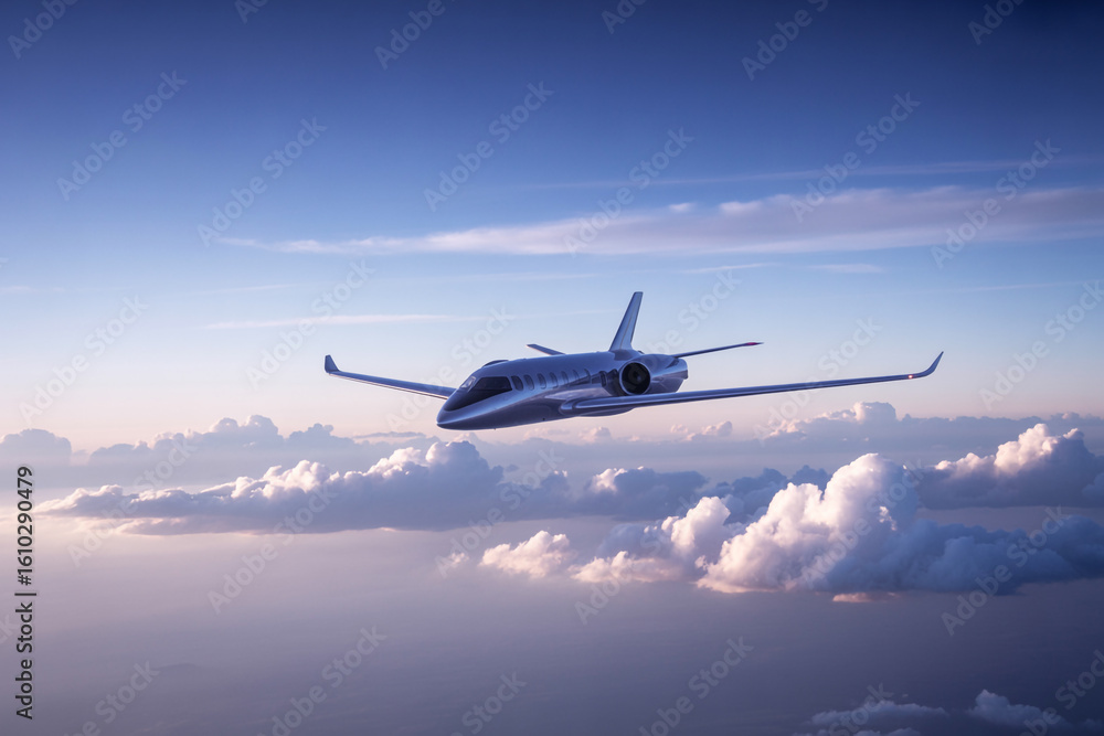 Obraz premium High-Altitude Side View of a Futuristic Silver-Gray Aircraft Flying Above Sunlit Cumulus Clouds with a Cool Blue Sky Gradient and Ethereal Atmosphere (1)