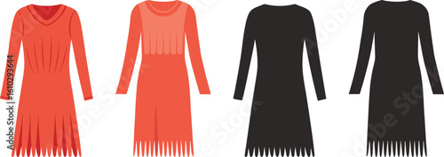 Elegant Midi Dress Collection with Long Sleeves and Fringe Detail in Orange and Black
