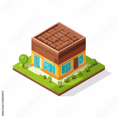 Isometric building illustration showcasing modern architectural design and green surroundings