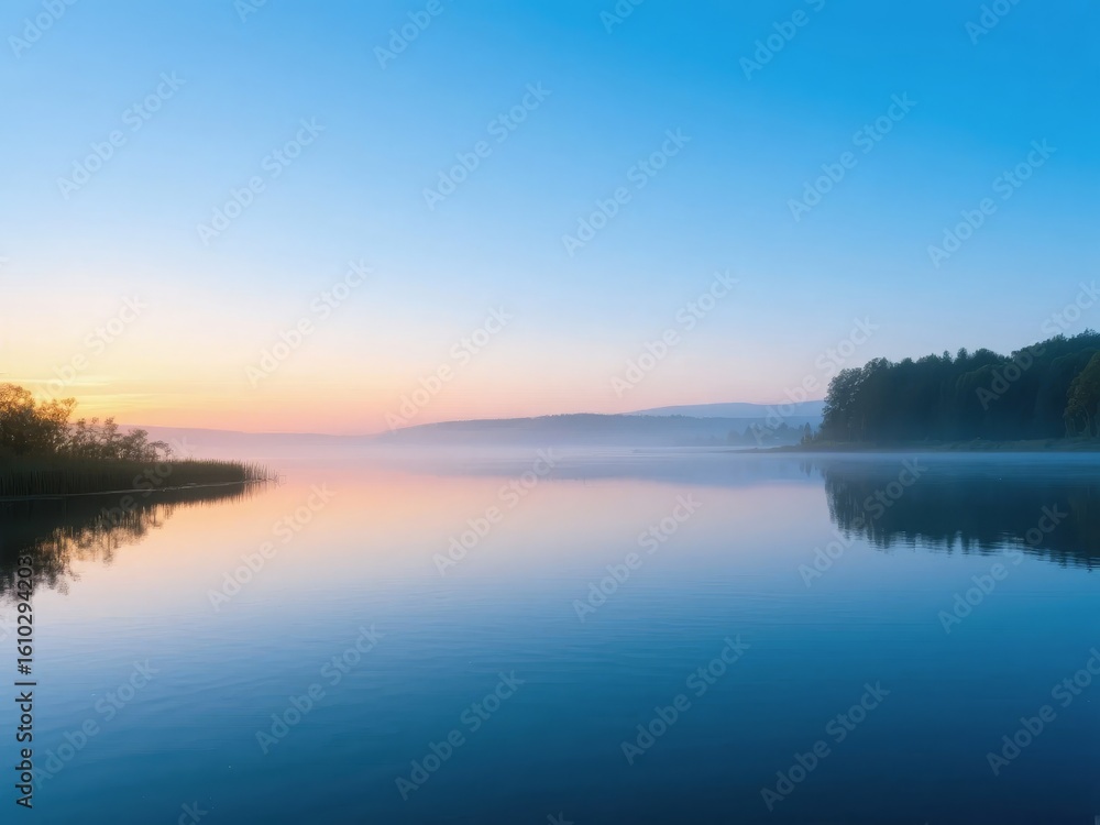 Fototapeta premium Calm Lake at Dawn with Mist and Reflections