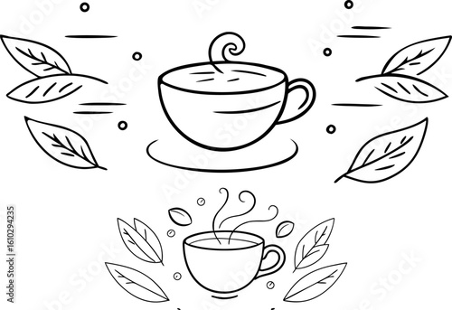 Hand-drawn illustration: Two steaming cups of tea, surrounded by leaves; calming, minimalist style.