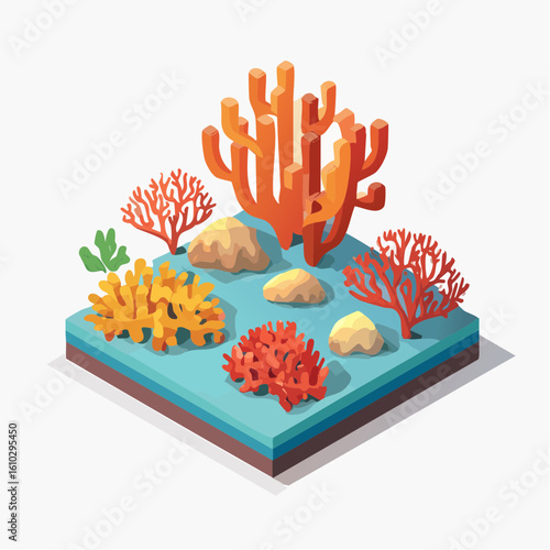 Vibrant isometric coral reef illustration showcasing marine life and underwater ecosystem