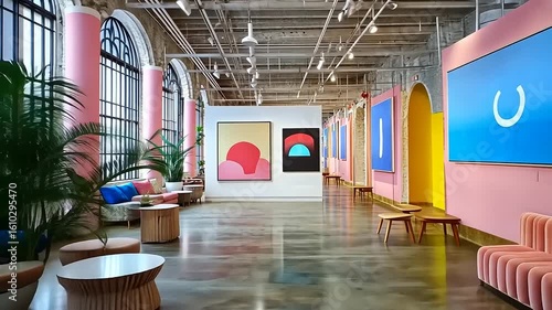 Vibrant Pink and Abstract Art Gallery Interior