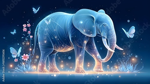Majestic Glowing Transparent Elephant in Starry Night Sky with Butterflies and Pink Flowers - Fantasy Digital Art