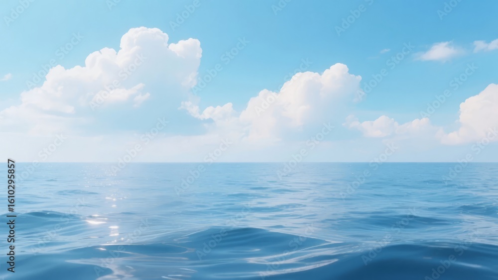 Obraz premium Calm Ocean Horizon with Fluffy Clouds in a Clear Blue Sky