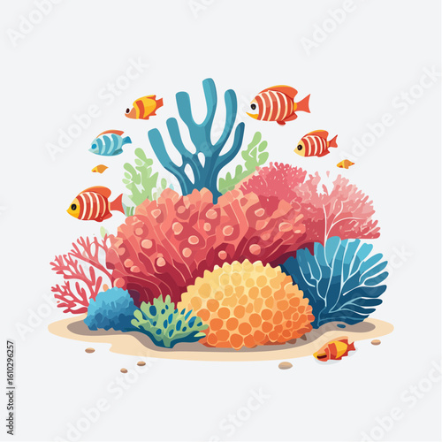 Vibrant coral reef ecosystem teeming with colorful fish in a lively underwater scene