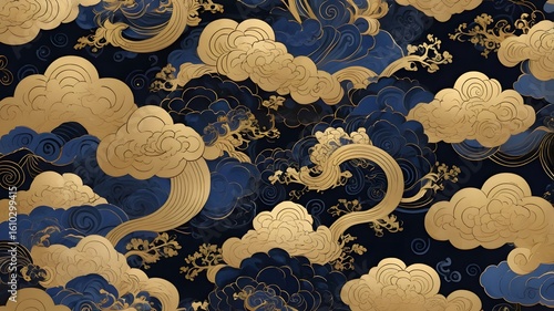 Seamless pattern with clouds in oriental chinese, japanese  style. Vector illustration.