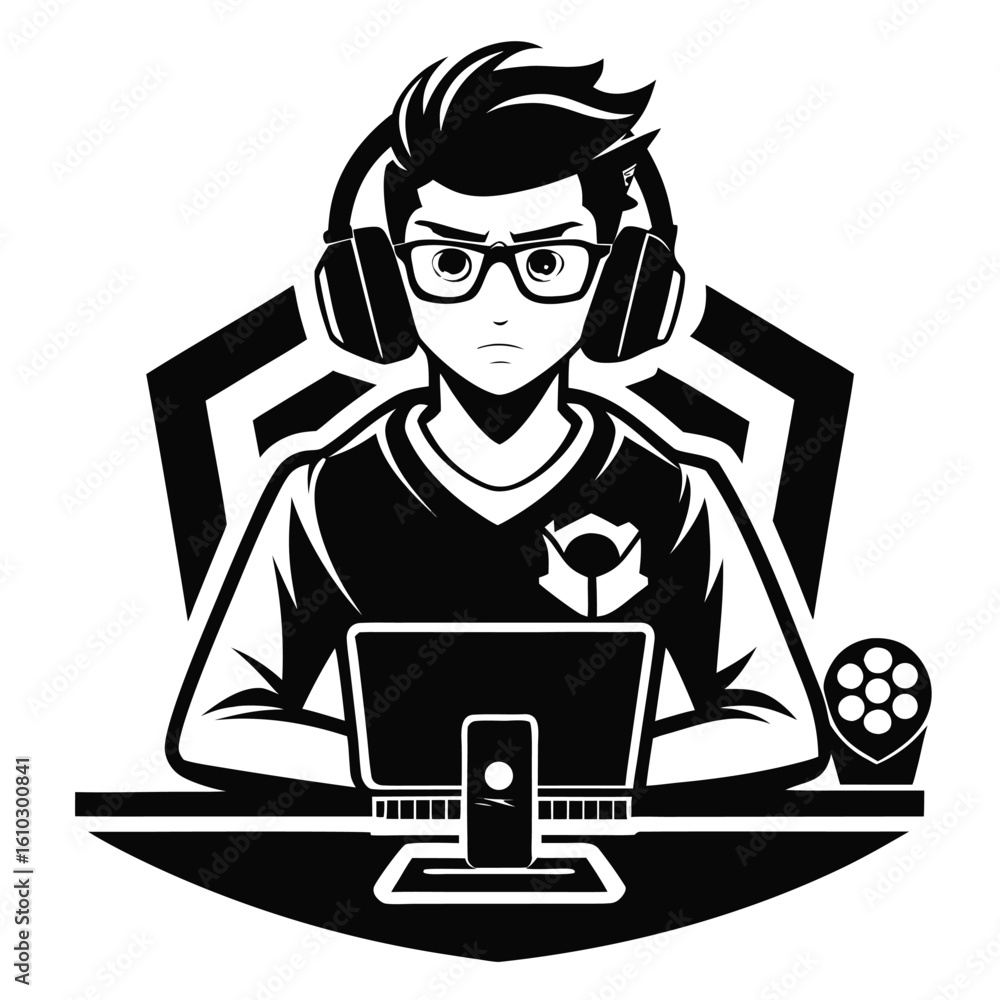 Focused Gamer Illustration A Black and White Esports Design with Headphones Computer and Drinks ready for Competition or Streaming