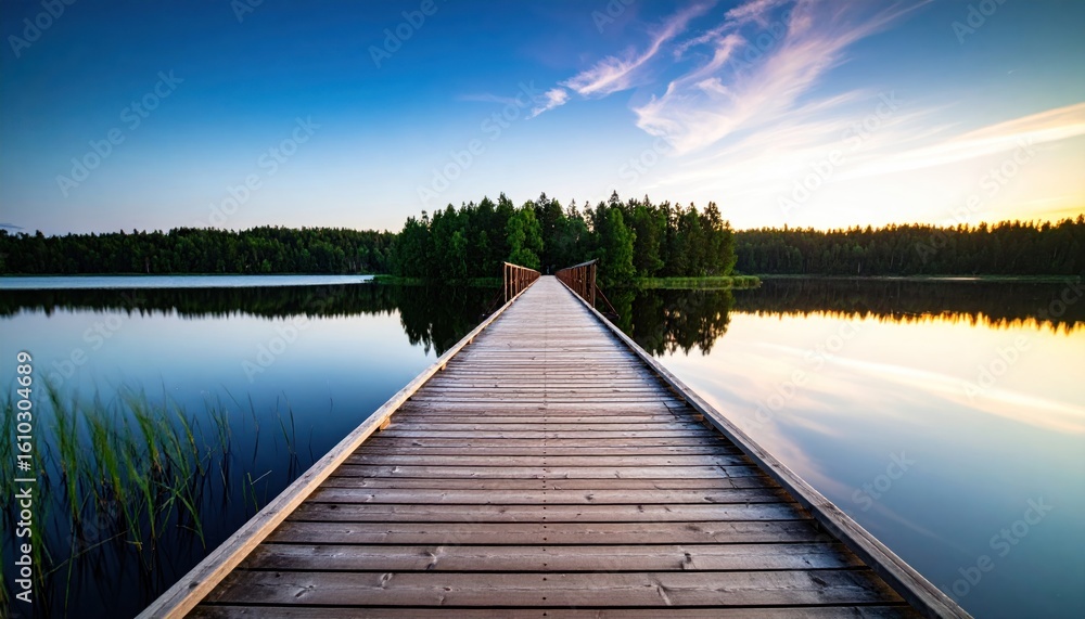 Fototapeta premium Picturesque serenity: Wooden pier extending into tranquil lake at twilight hour