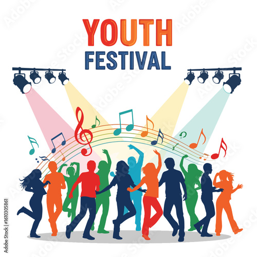 Energetic silhouettes of young people dancing joyfully at a youth festival, illuminated by spotlights and musical notes.