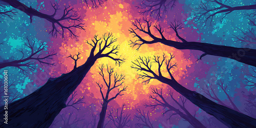 Glowing mist between tree tops in dense air