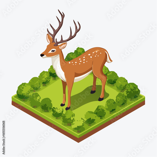 Isometric Deer in a Forest Clearing: A Tranquil Wildlife Scene Rendered in Detailed 3D