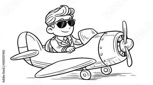 Cartoon pilot in vintage airplane