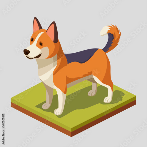 Charming isometric illustration showcasing a poised dog on a green tile platform
