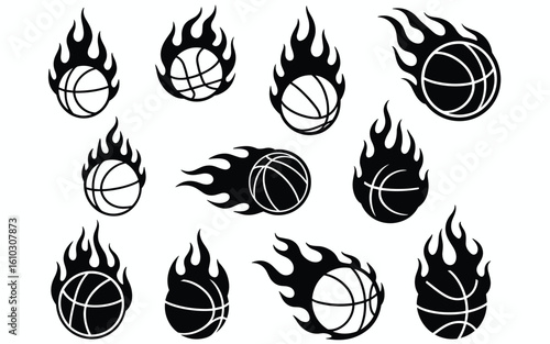 Flaming Basketballs Vector Set – 11 Fiery Icons of Speed, Power, and Motion