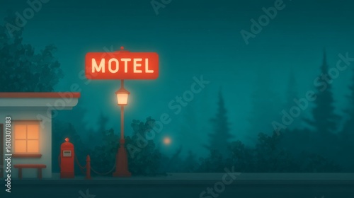 Motel Serenity at Night, a tranquil roadside motel illuminated softly under the night sky, featuring a minimalist design, clean lines, and ample free space for contemplation.