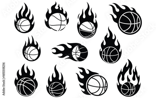 Flaming Basketballs Vector Set – 11 Fiery Icons of Speed, Power, and Motion
