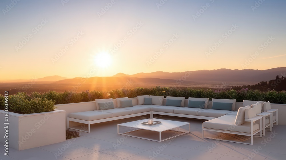 Fototapeta premium Luxury Patio Retreat at Sunset, Minimalist Outdoor Seating Overlooking Serene Landscape