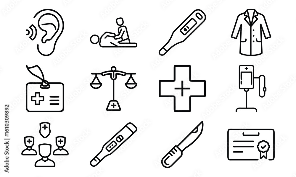 Fototapeta premium Comprehensive Medical Line Icons Set – Hearing Test, CPR, Thermometer, Doctor Coat, IV Drip, Medical Ethics, ID Badge, Surgical Tools, Certificate, and Healthcare Team Symbols for Apps,